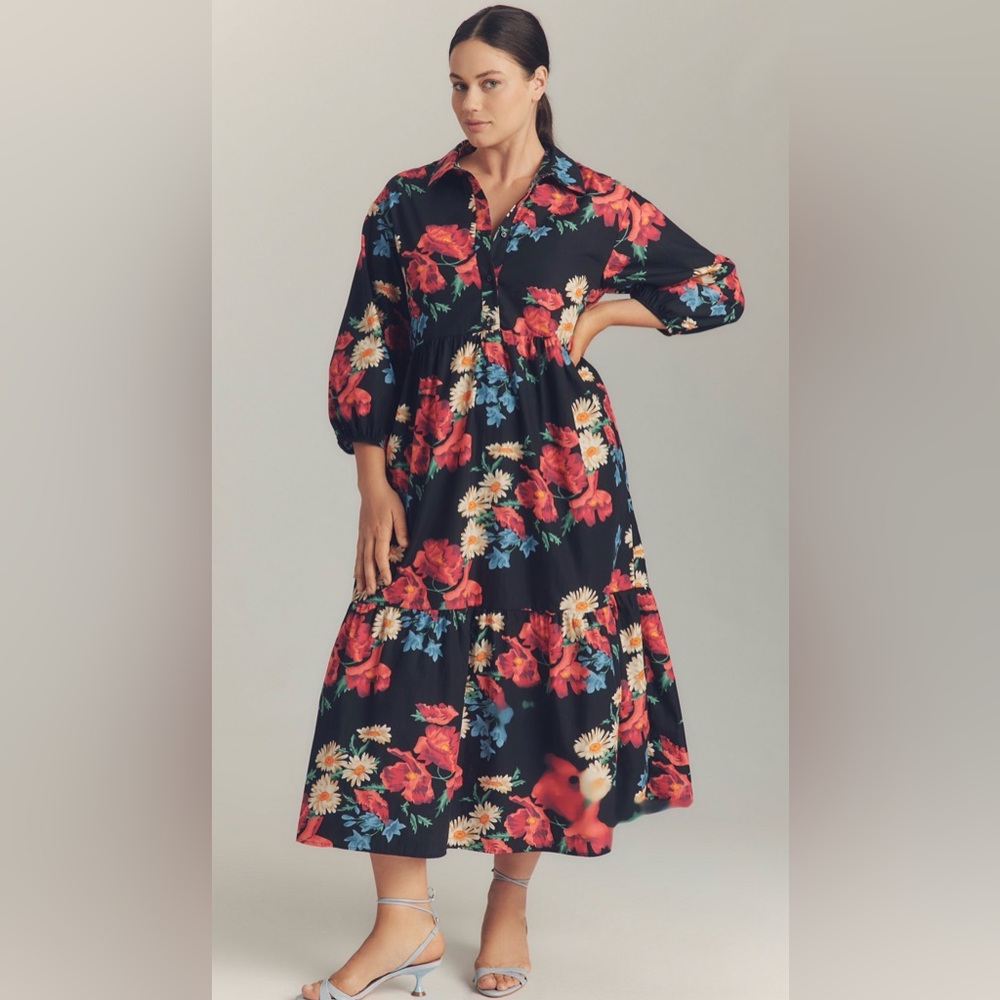 Anthropologie Maeve Bettina Midi Shirt Dress Black Floral, large